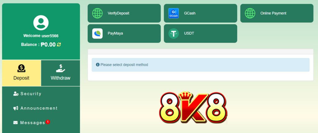 Step2: Online deposit at 8K8 casino